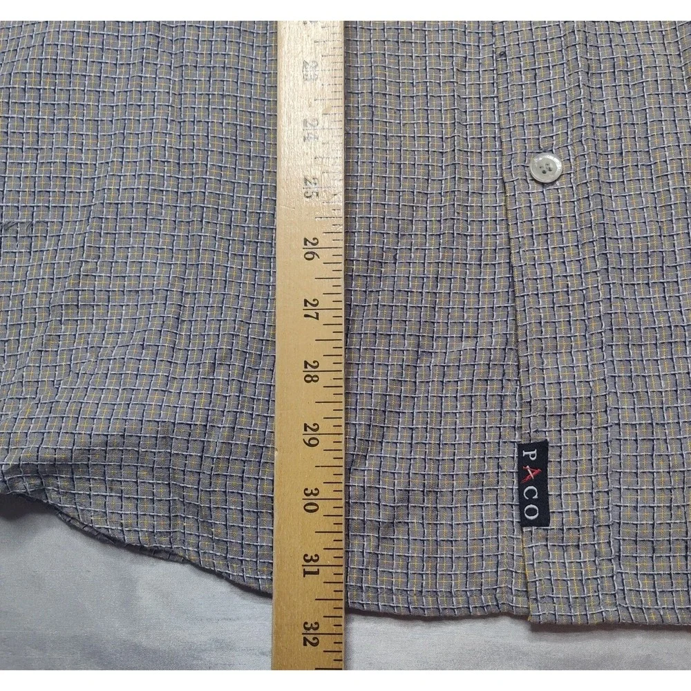 VTG PACO Jeans Co Men Medium Rayon Blend Gray Blue Check Button Shirt - Picture 8 of 13